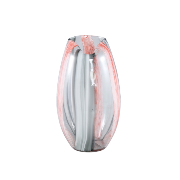 Design pro Váš domov - Váza atypická skleněná ATHALY S svislé pruhy růžovo-čirá 32cm