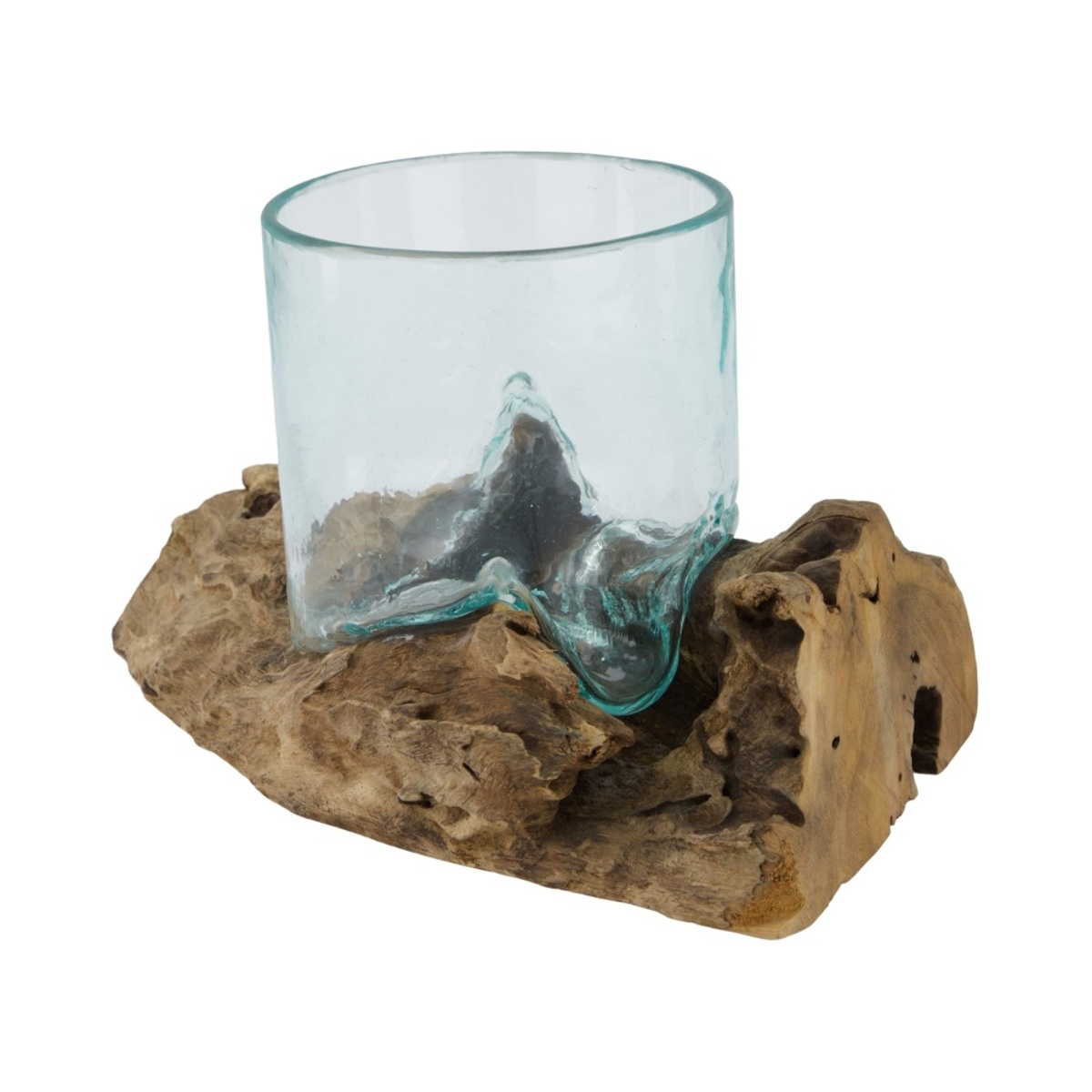 Sklo a dřevo - Váza atypická skleněná s plaveným dřevem 16x27cm