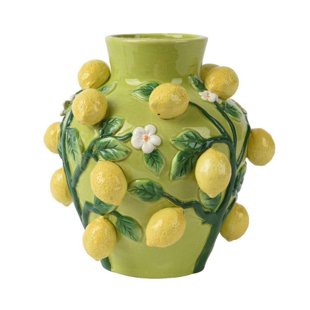 Keramické vázy - Váza dolomitická kulatá s úzkým hrdem a citrony žluto-zelená 26cm