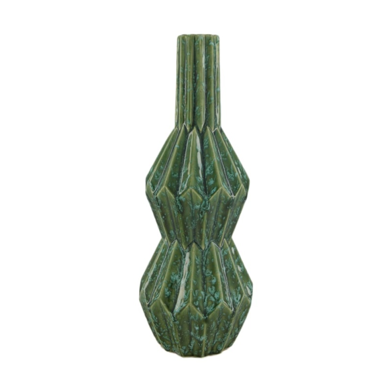 Keramické vázy - Váza kameninová s úzkým hrdlem a žebrováním, zelená 40cm