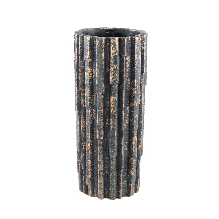 Design pro Váš domov - Váza kulatá cementová KESS L žebrovaná zeleno-okrová 55cm