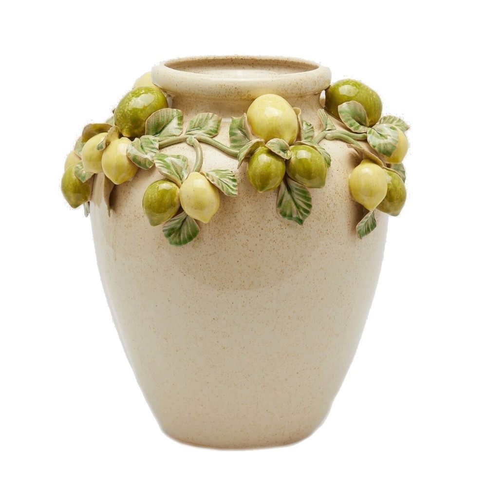 Keramické vázy - Váza kulatá keramická s lemem z citrónů žluto-krémová 35cm