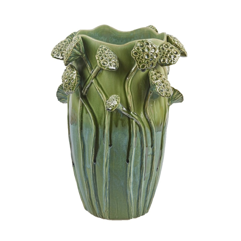 Keramické vázy - Váza kulatá keramická s lotosy zelená 43cm