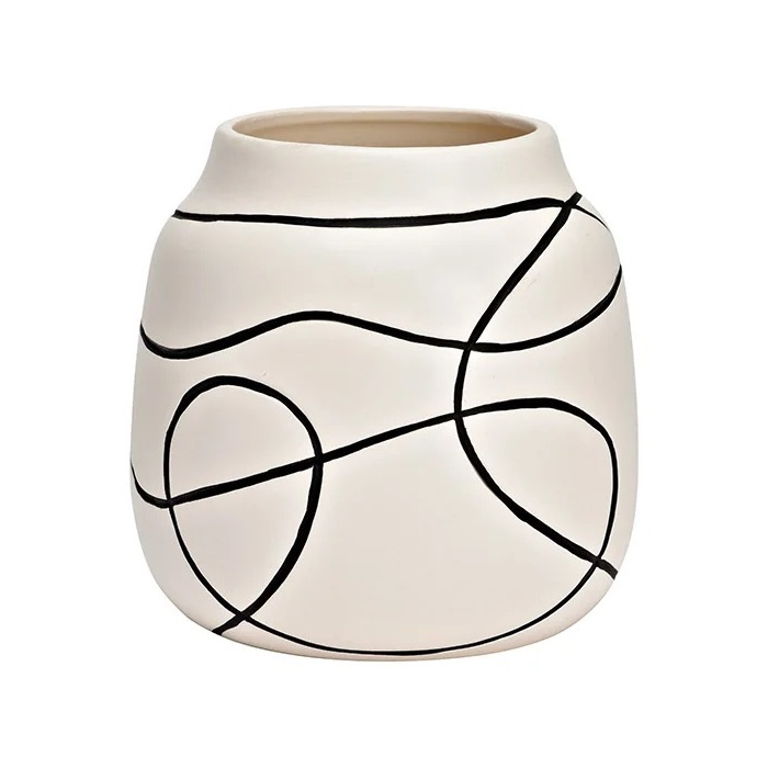 Keramické vázy - Váza kulatá keramická se zúženým hrdlem a čárou černo-bílá 15cm
