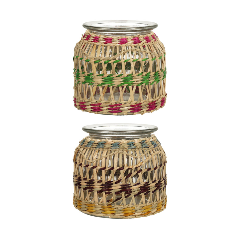 Skleněné vázy - Váza kulatá skleněná s proplétanou mořskou trávou mix 11cm