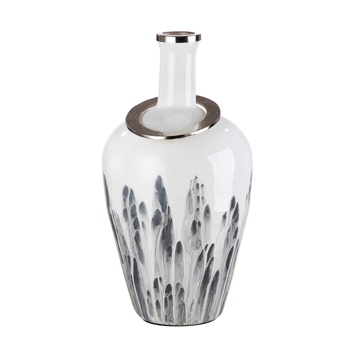 Skleněné vázy - Váza kulatá skleněná s úzkm hrdlem STATUARIO bílo-šedá 56cm