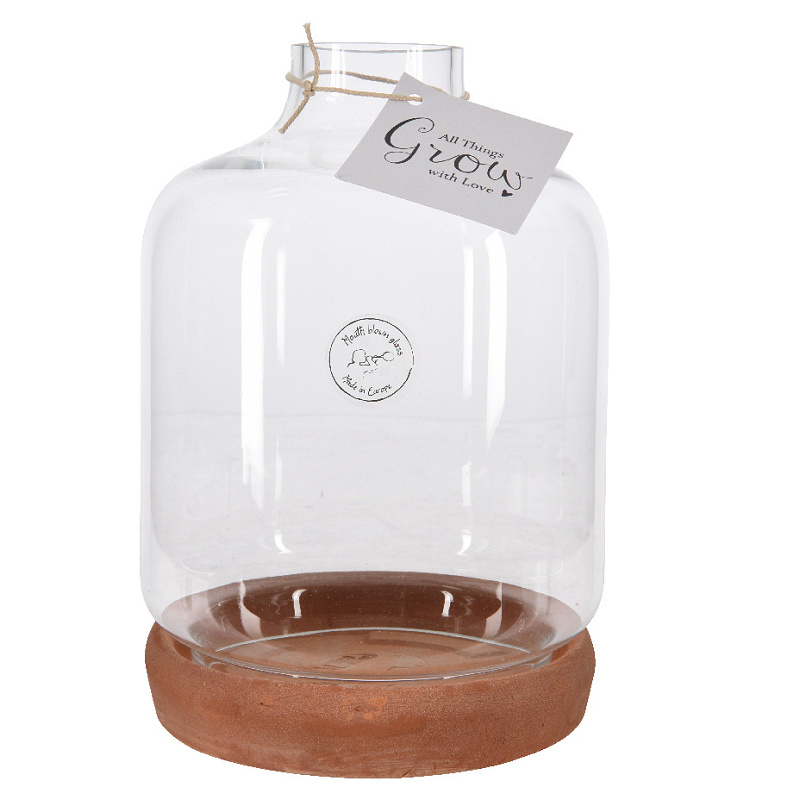 Sklo a dřevo - Váza skleněná kulatá na podstavci