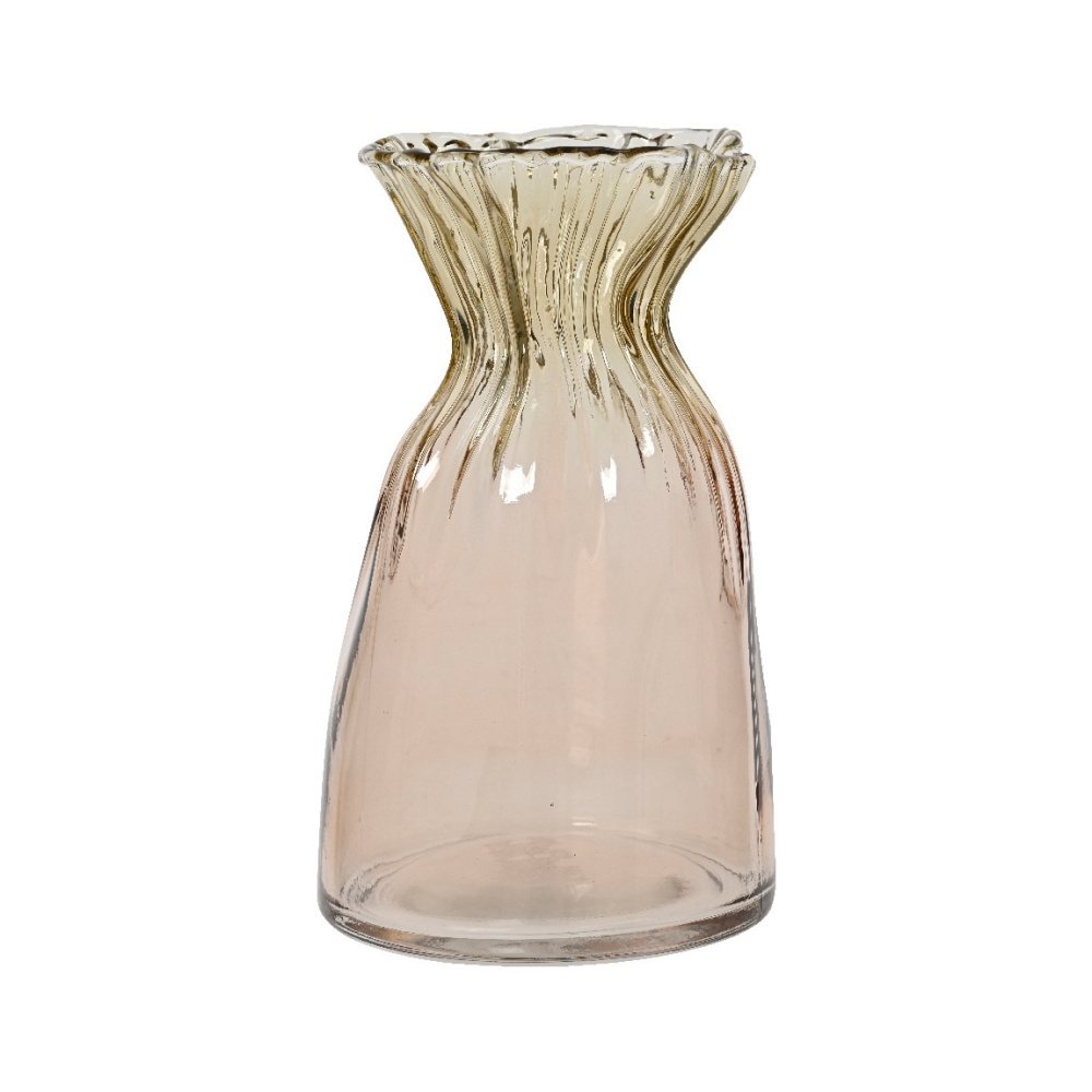 Skleněné vázy - Váza válcová se zúženým hrdlem a zvlněným okrajem růžová 20,5cm