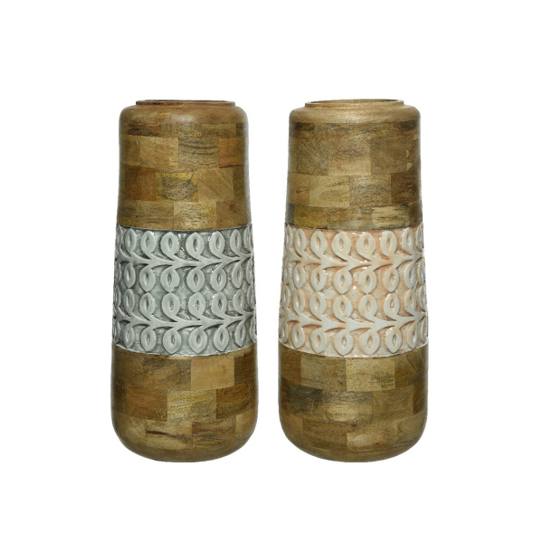Vázy - Váza válec dekor ornament dřevo a kov 45cm