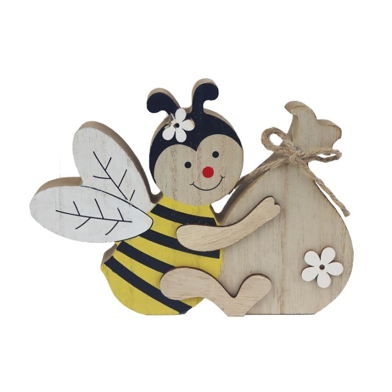 Dekorační figurky zvířat - Včela dřevěná sedící s pytlem a květy žluto-černá 16cm