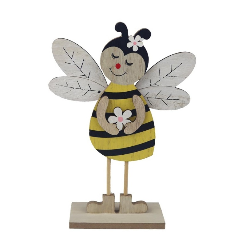 Dekorační figurky zvířat - Včela s květinou na podstavci dřevěná žluto-černá 18cm