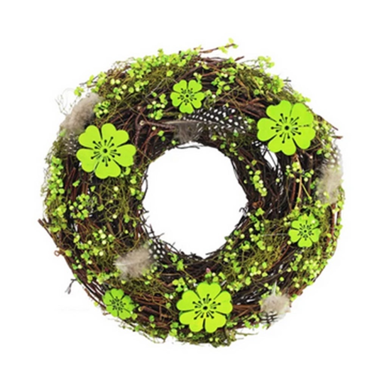 Věnce - Věnec proutěný s květy a peřím zeleno-hnědý 25cm