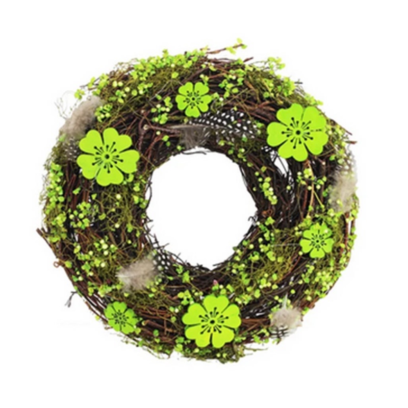 Věnce - Věnec proutěný s květy a peřím zeleno-hnědý 35cm