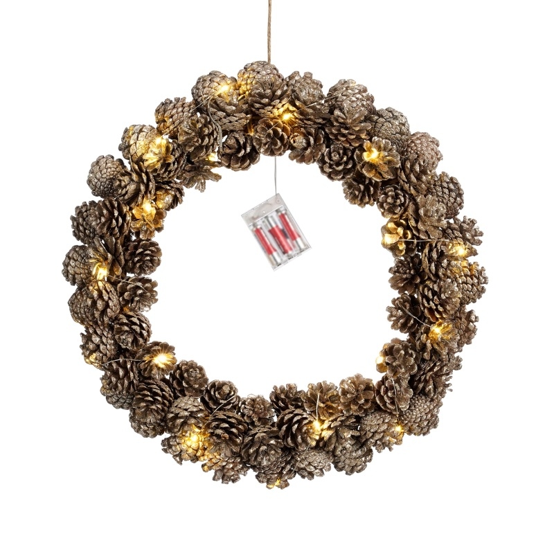 Dekorační věnce - Věnec šiškový 30LED t.bílá, na baterie šampaň 48cm