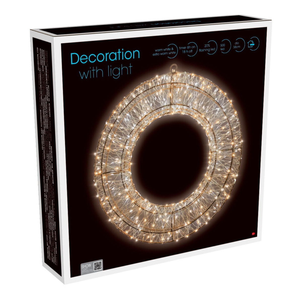Venkovní svíticí dekorace - Věnec svítící venkovní 500LED t.bílá s časovačem 38cm