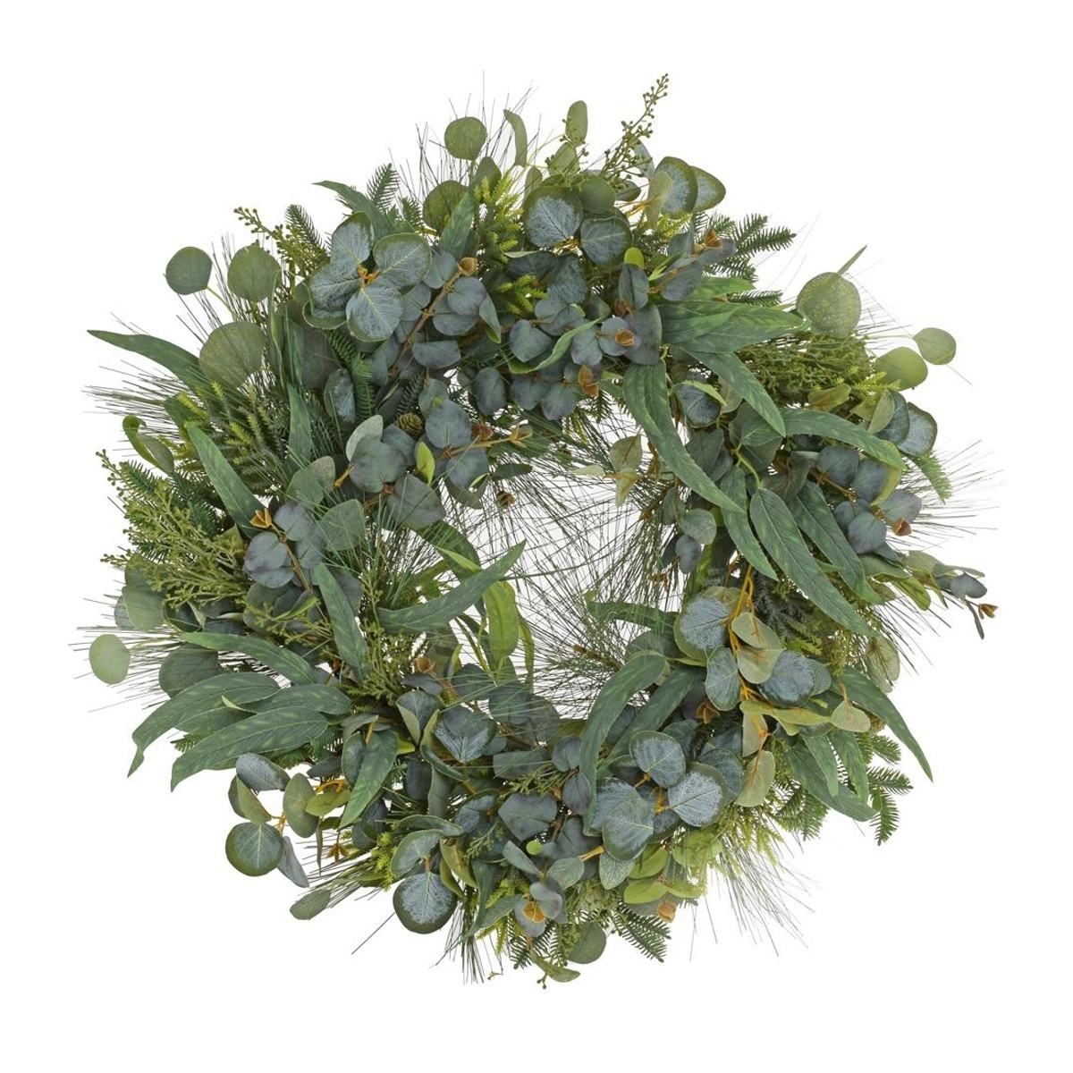 Vánoční umělé květiny - Věnec umělý eukalyptus a jehličí 71cm