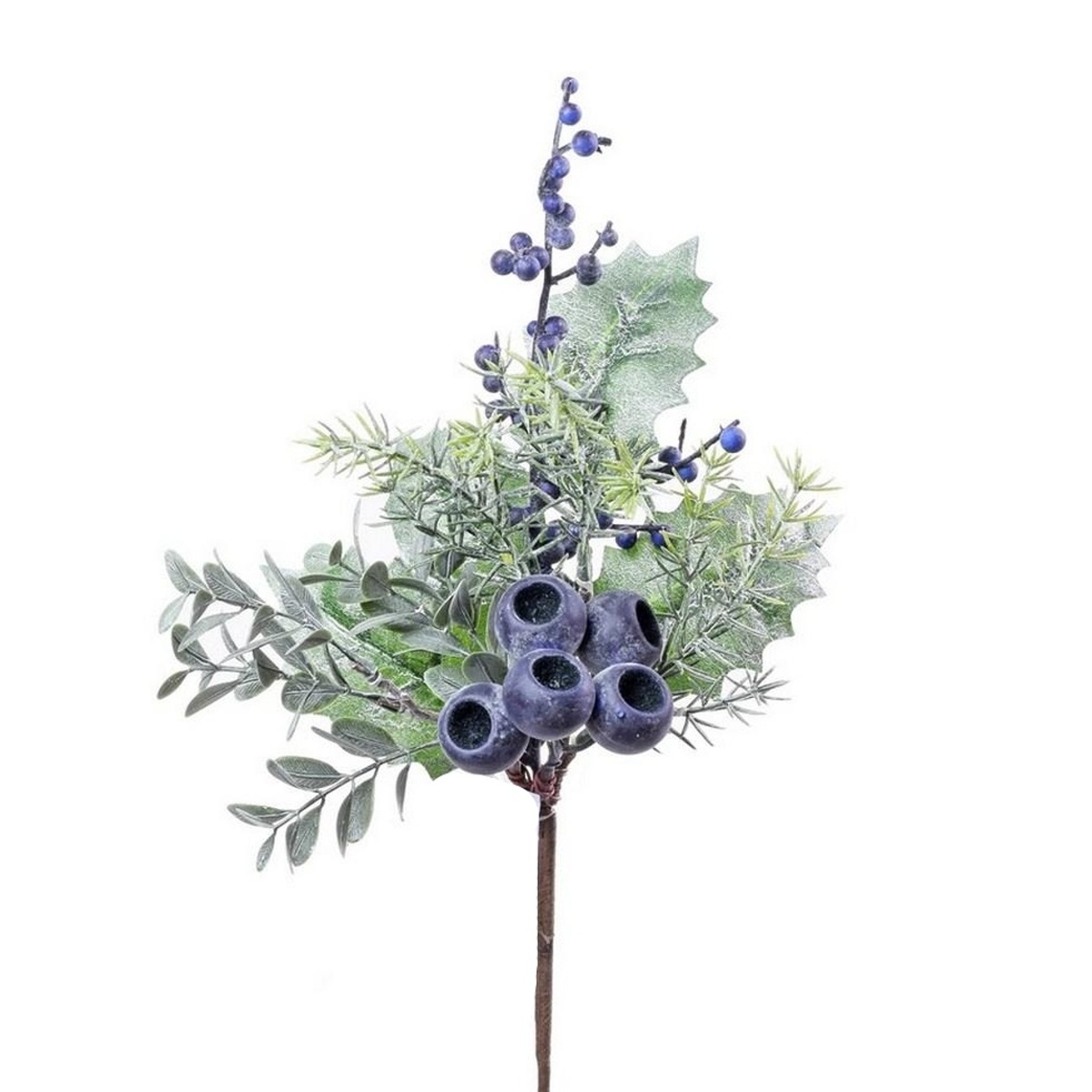 Vánoční umělé květiny - Větev umělá s jehličím, borůvkami a listy 30cm