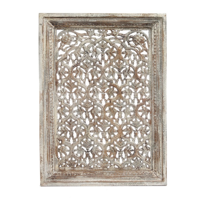 Design pro Váš domov - Vyřezávaná dřevěná dekorace na zeď obdélník JAYLA antik krémová 107x76cm