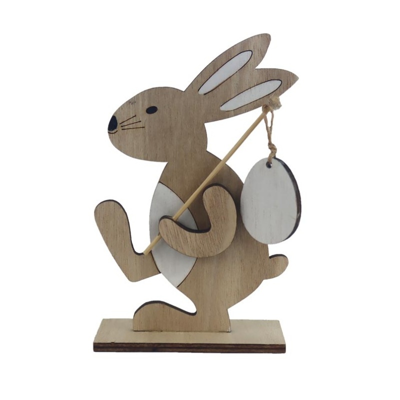 Dekorační figurky zvířat - Zajíc na vandru a na podstavci s vejcem dřevěný bílo-přírodní 14,5cm
