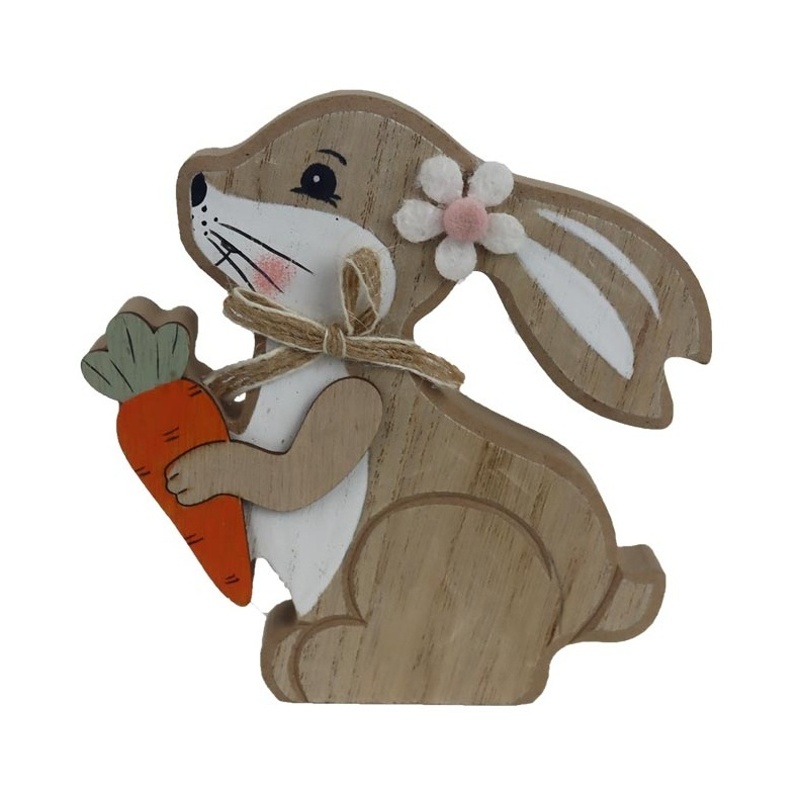 Dekorační figurky zvířat - Zajíc stojící s mrkví a květem dřevěný bílo-přírodní 13cm