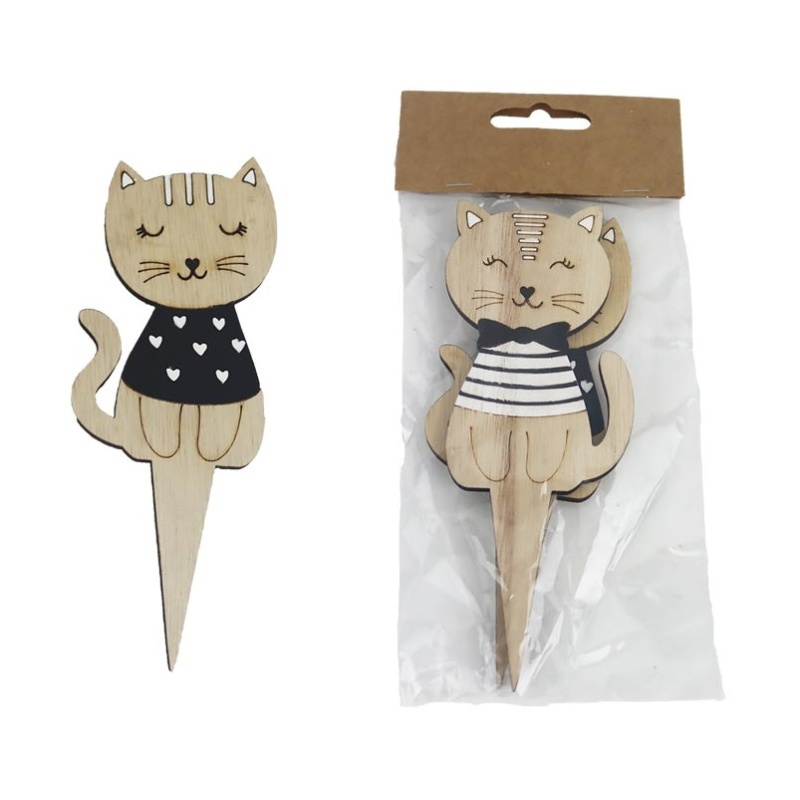 Zápichy - Zápich dřevěná kočka ve svetru mix 16cm