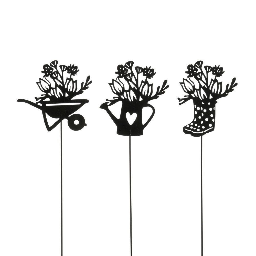 Zápichy - Zápich kovové zahradní nářadí s květinami černý mix 46cm