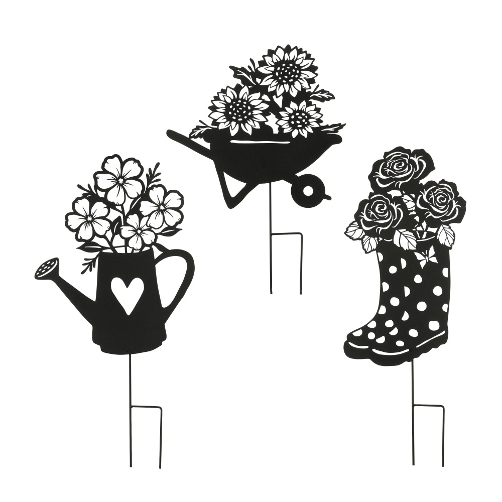 Doplňky do zahrady - Zápich kovové zahradní nářadí s květinami černý mix 80,5cm