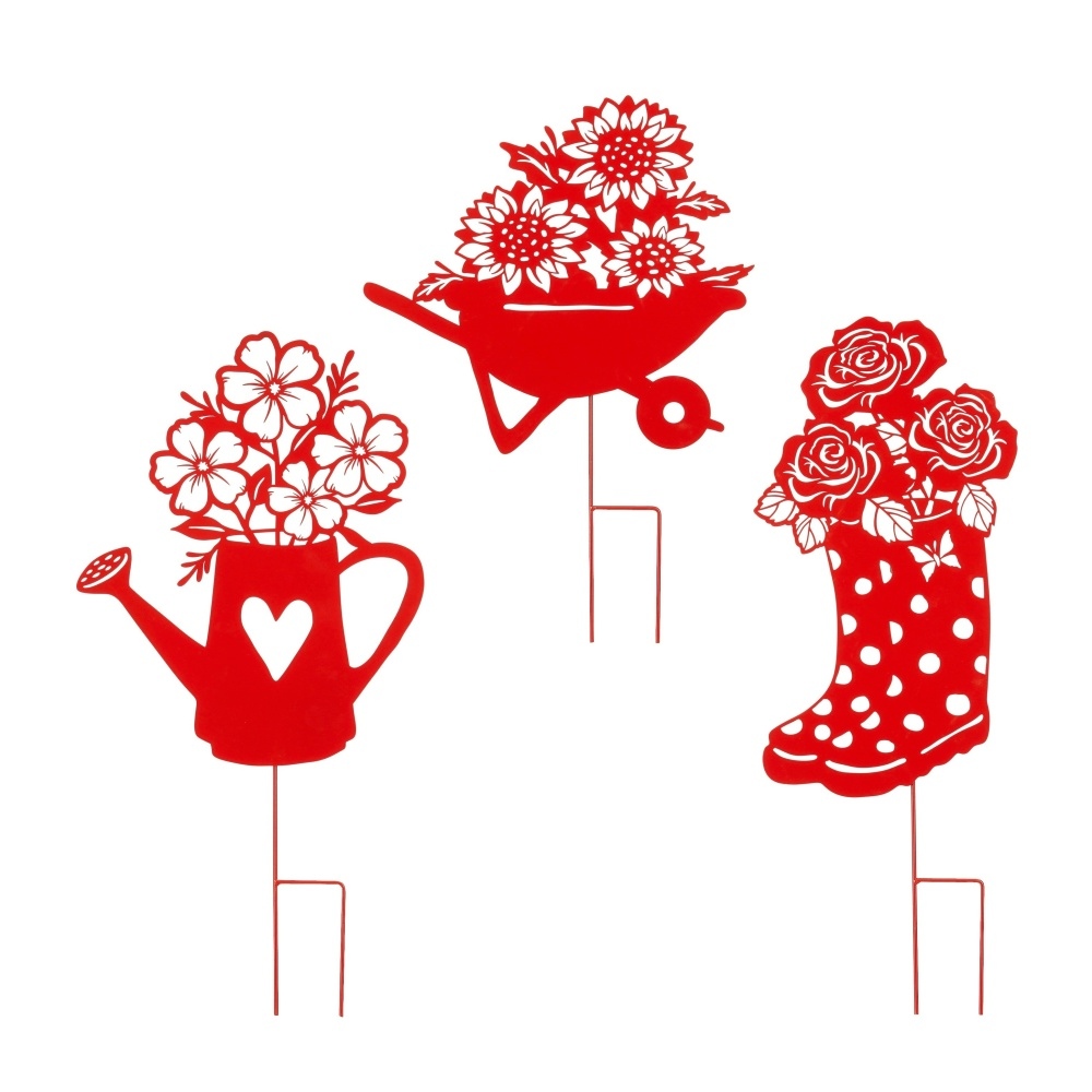 Doplňky do zahrady - Zápich kovové zahradní nářadí s květinami červený mix 80,5cm