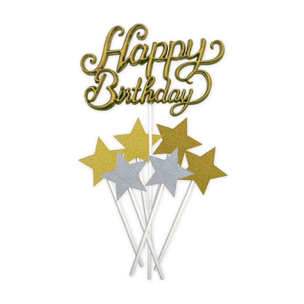 Dětské zboží - Zápich na dort Happy Birthday a hvězdy 21cm