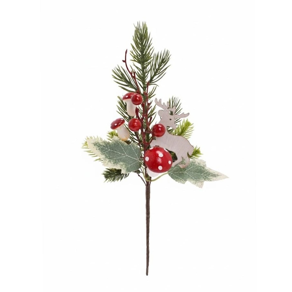 Vánoční umělé květiny - Zápich umělé jehličí, jelen a muchomůrky 32cm