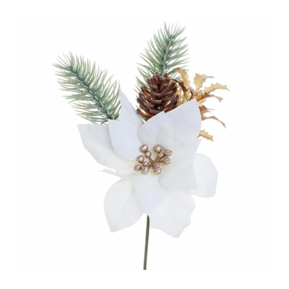 Vánoční umělé květiny - Zápich umělé jehličí, šiška a poinsettia 20cm