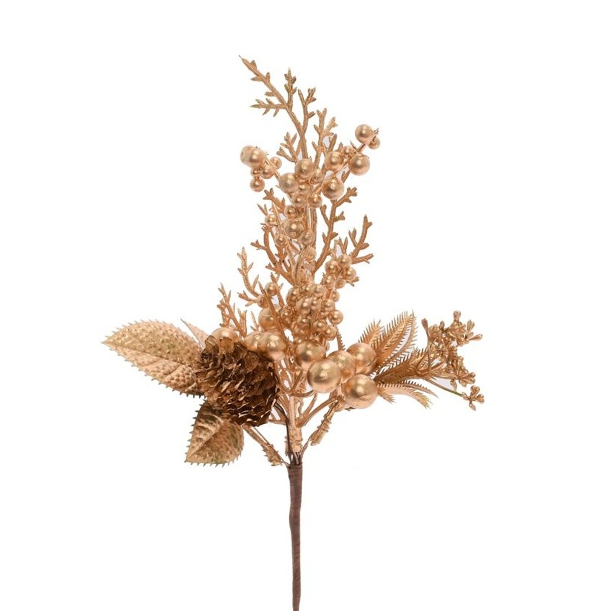 Vánoční umělé květiny - Zápich umělé jehličí, šiška, bobule a listy 21cm