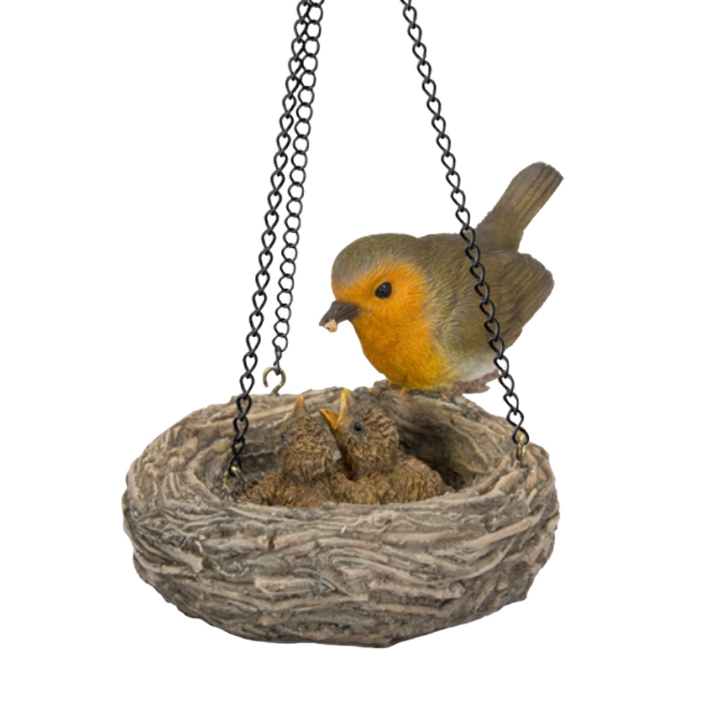 Venkovní zvířátka - Závěsní hnízdo s červenkou obecnou polyresinové 14cm