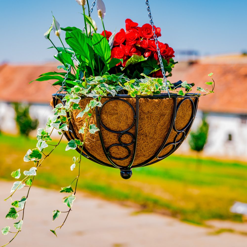 Závěsný koš ELVIS kovový černý s kokosovou vložkou 35cm-0